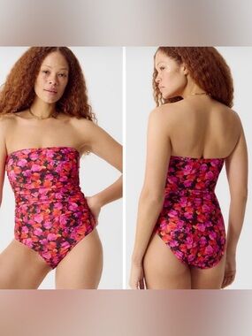 J. Crew Strapless Floral One-Piece Swimsuit - Pink, Red & Black